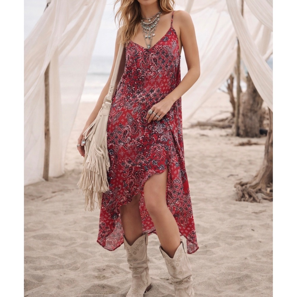 Maurices 0X Women Red Paisley Handkerchief Tiered Maxi Dress Boho Beach Festival